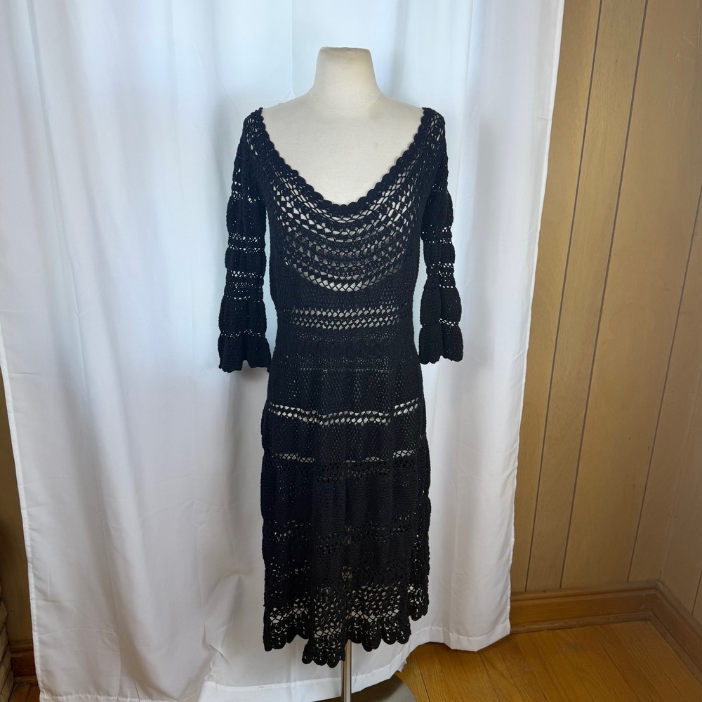 Peruvian Connection Pima Cotton Black Crochet Dress Sz XL Quarter Sleeve Sheer